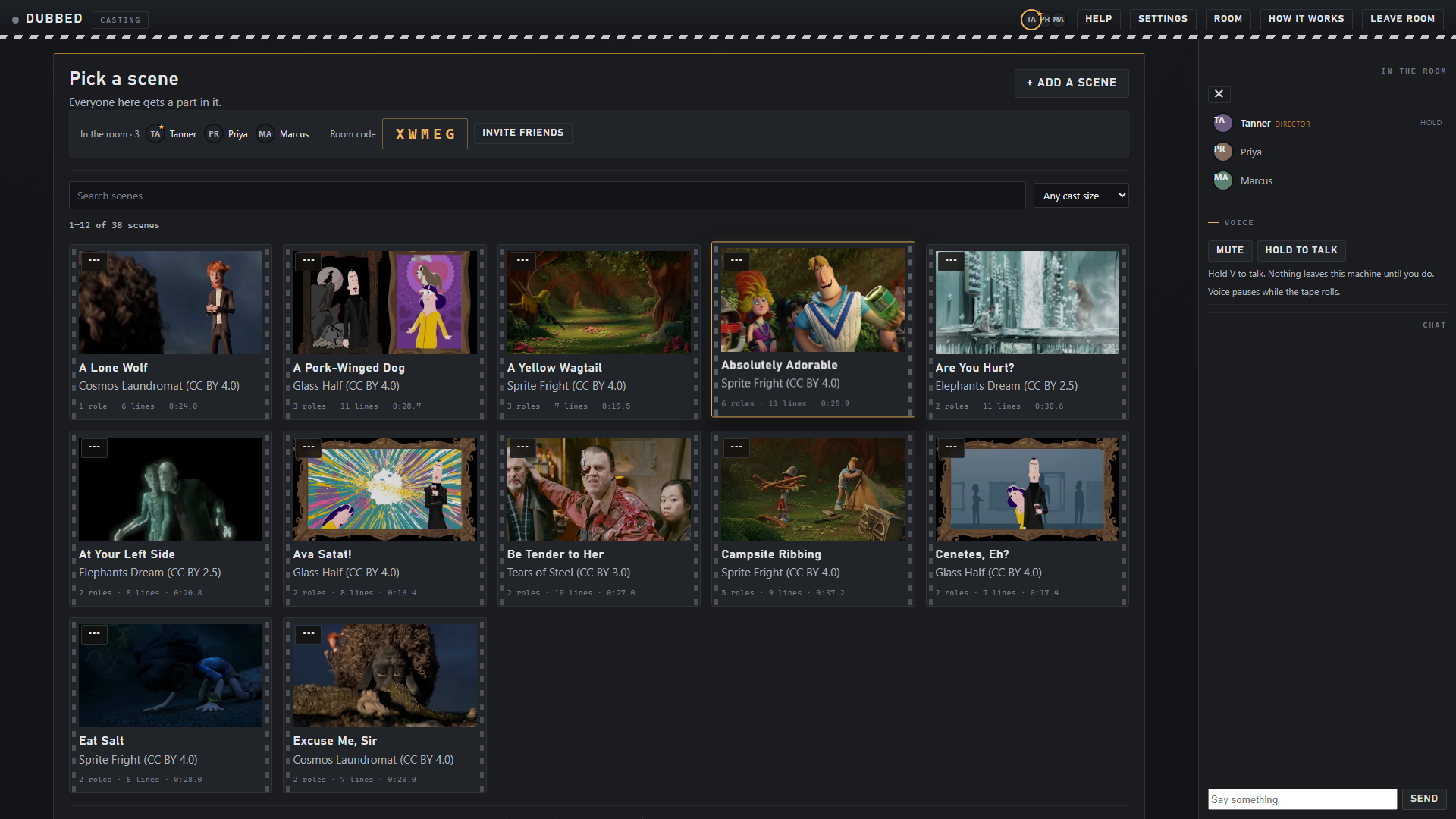 The scene picker, showing cover art for the public catalogue