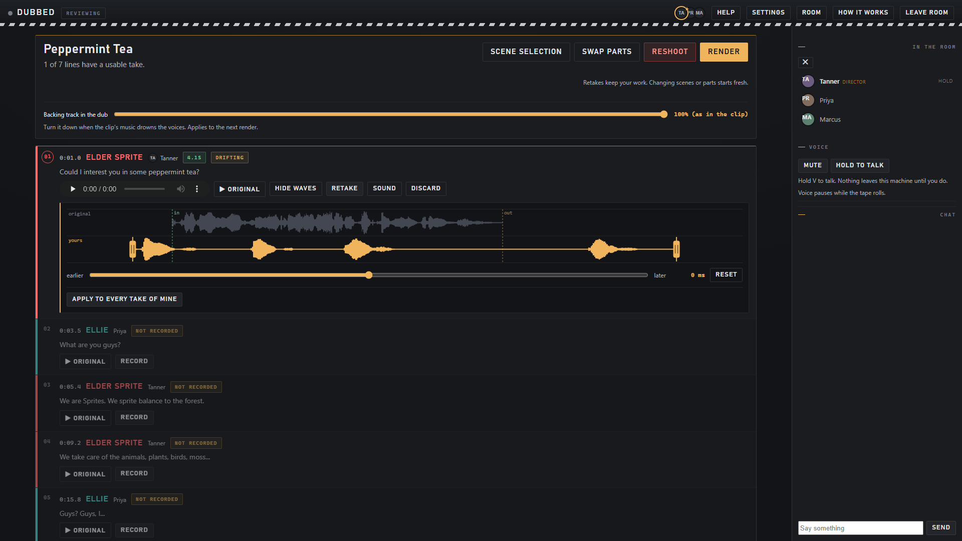 The take sheet, showing a performer’s waveform beneath the original, a drift slider, and a button reading apply to every take of mine