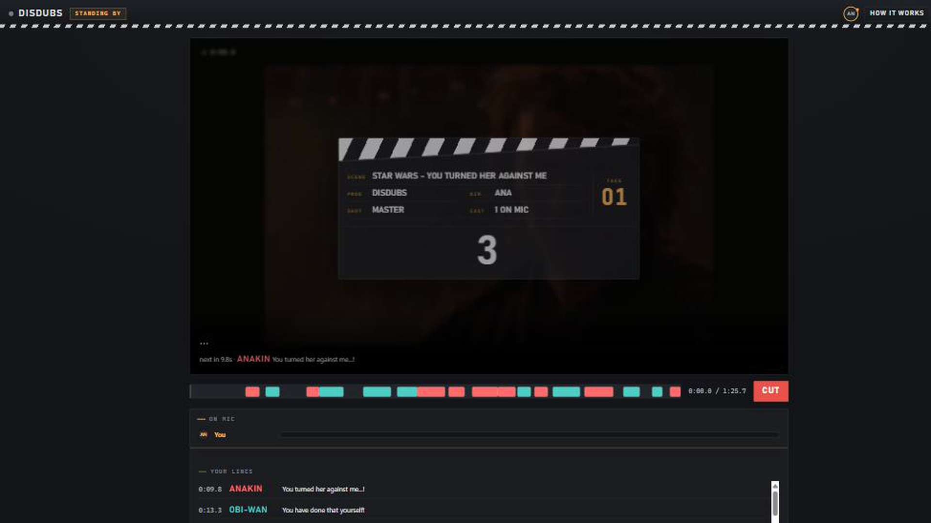 A clapperboard countdown over the scene, showing take 01